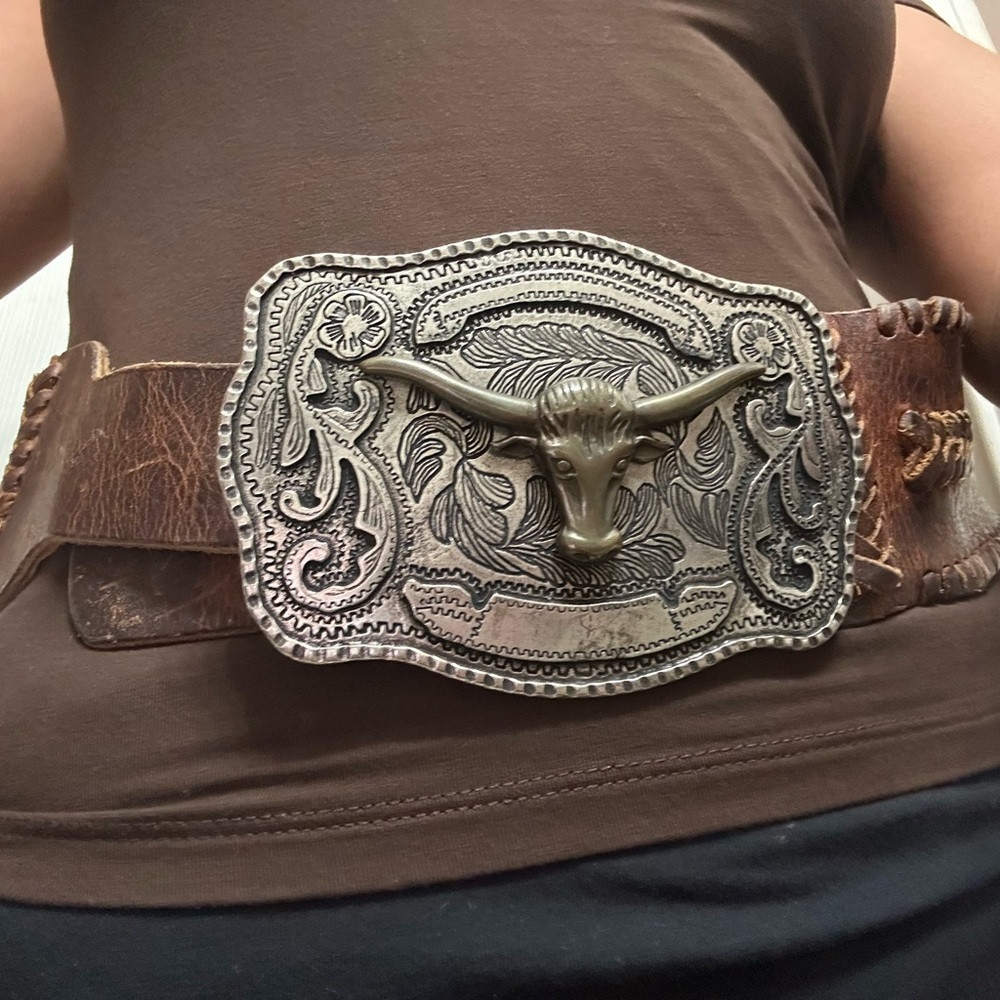 Vintage Bull Head Belt Buckle with Leather Belt